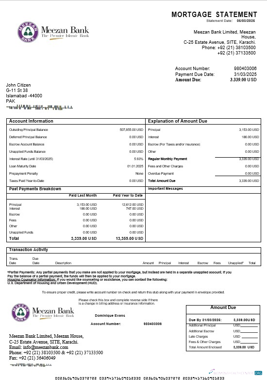 Download Pakistan Meezan mortgage statement in Word and PDF formats Photoshop template